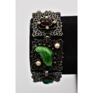 ART Vintage Bracelet Crystal Glass Cabochon Panel Dark Silver Signed 40s BinBR